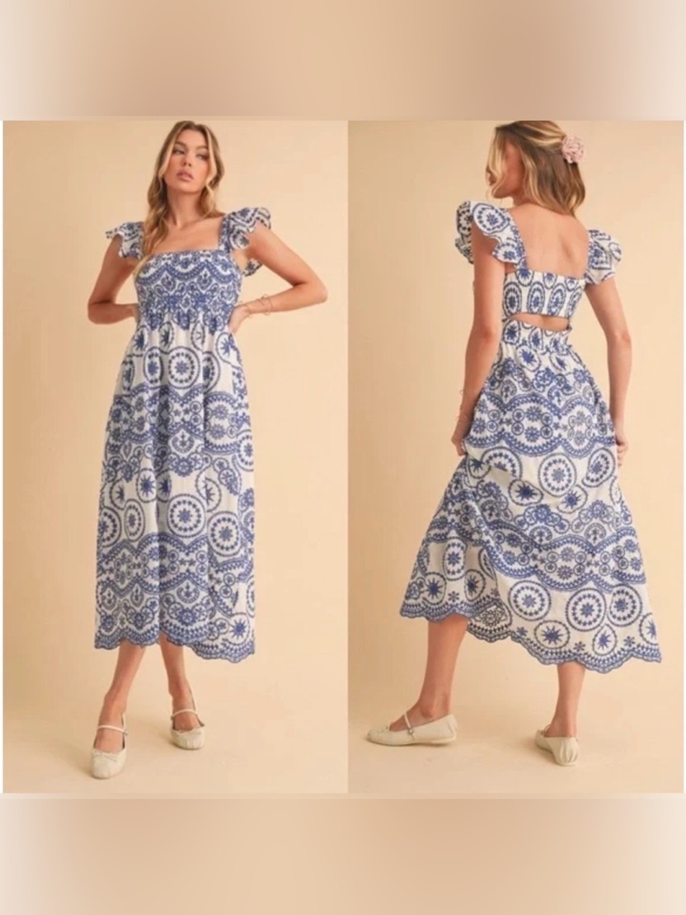 Blue & White Printed Midi Dress with Smocked Bodice